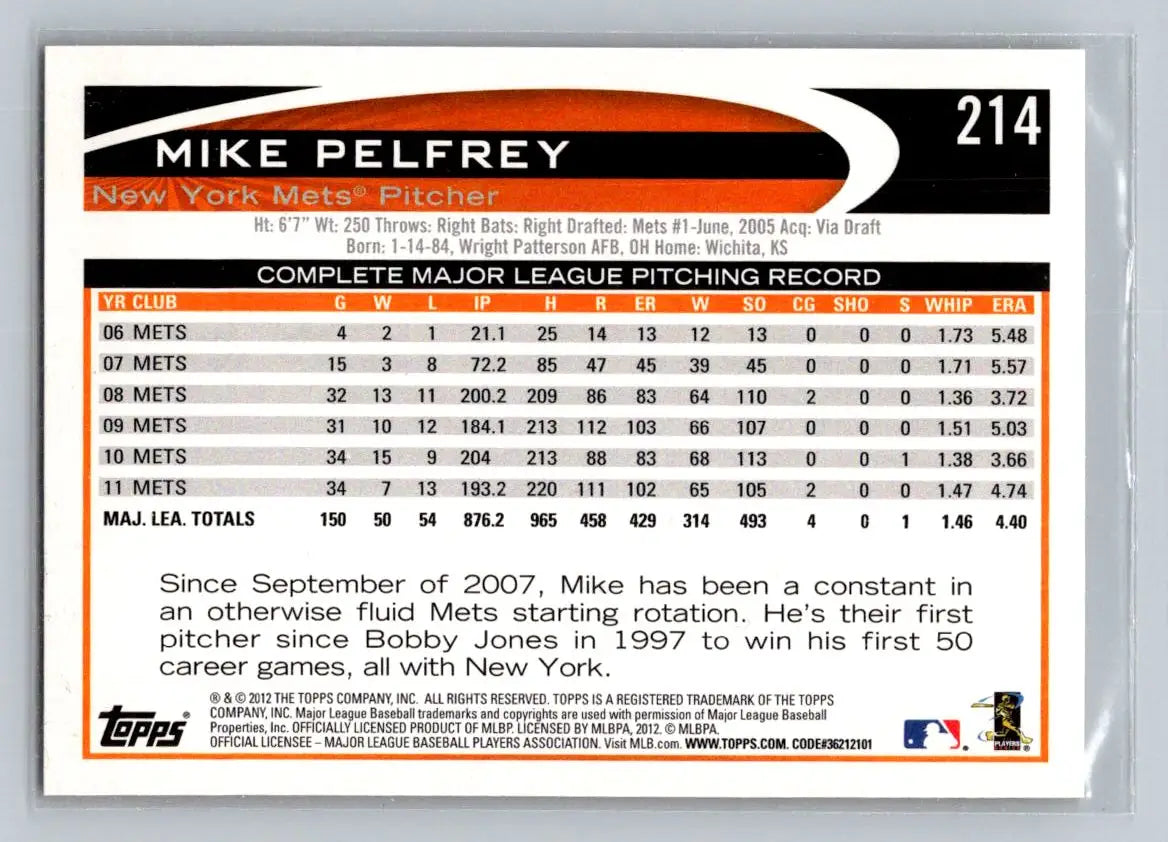 Mike Pelfrey 2012 Topps #214a baseball card featuring the New York Mets