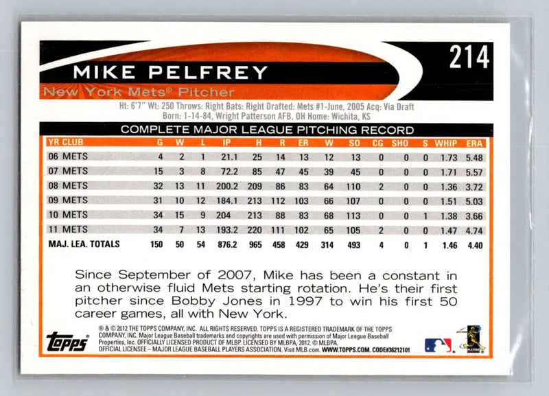 Mike Pelfrey 2012 Topps #214a baseball card featuring the New York Mets