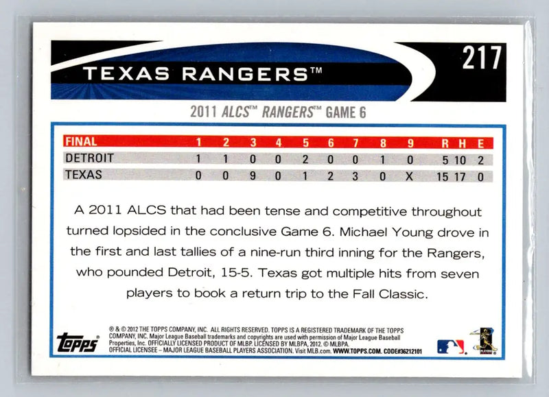 Back of 2012 Topps #217 Texas Rangers trading card featuring player stats and details
