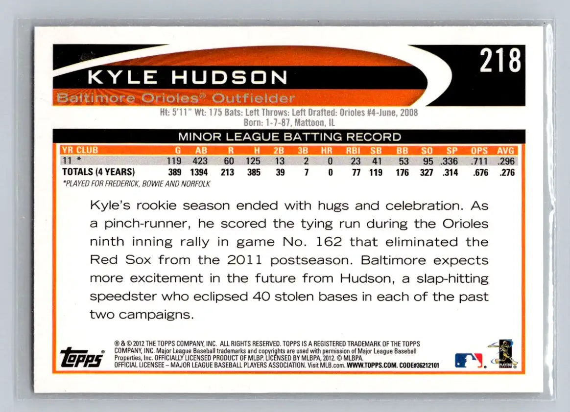 Kyle Hudson 2012 Topps #218b Baltimore Orioles Rookie Baseball Card