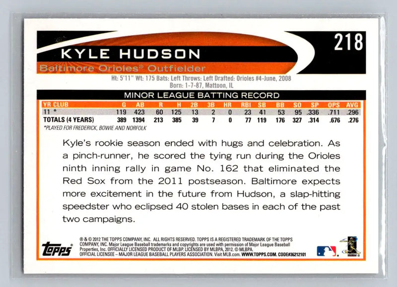 Kyle Hudson 2012 Topps #218b Baltimore Orioles Rookie Baseball Card