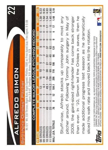 Alfredo Simon baseball card with original gloss from 2012 Topps #22 Orioles
