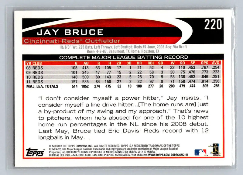 Jay Bruce 2012 Topps #220b card featuring the Cincinnati Reds outfielder