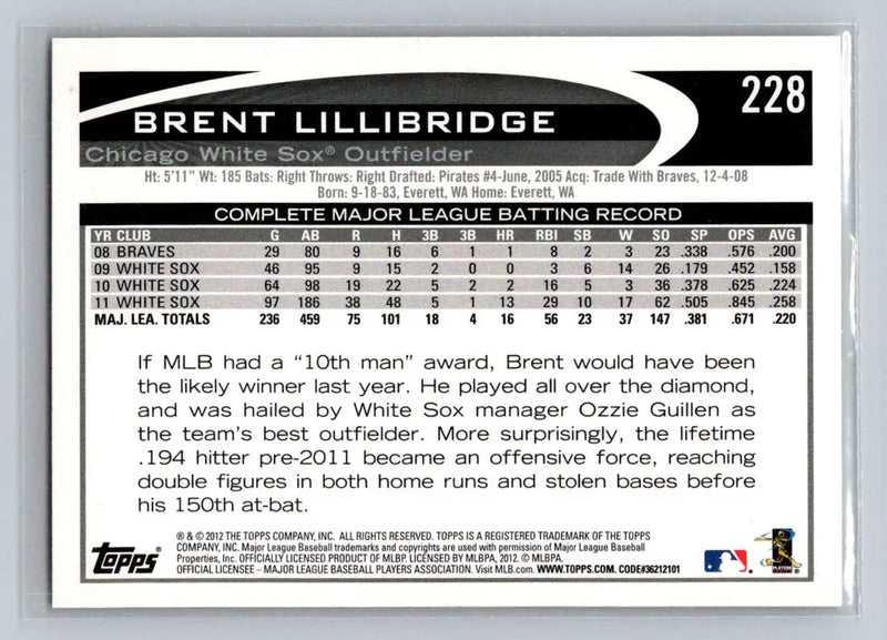 Brent Lillibridge 2012 Topps #228b baseball card for Chicago White Sox collectors