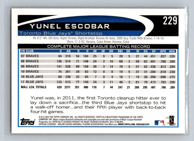 Yunel Escobar 2012 Topps #229a baseball card for Toronto Blue Jays collectors