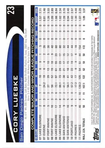 Original gloss Cory Luebke baseball card 2012 Topps NM-MT Padres ID72340