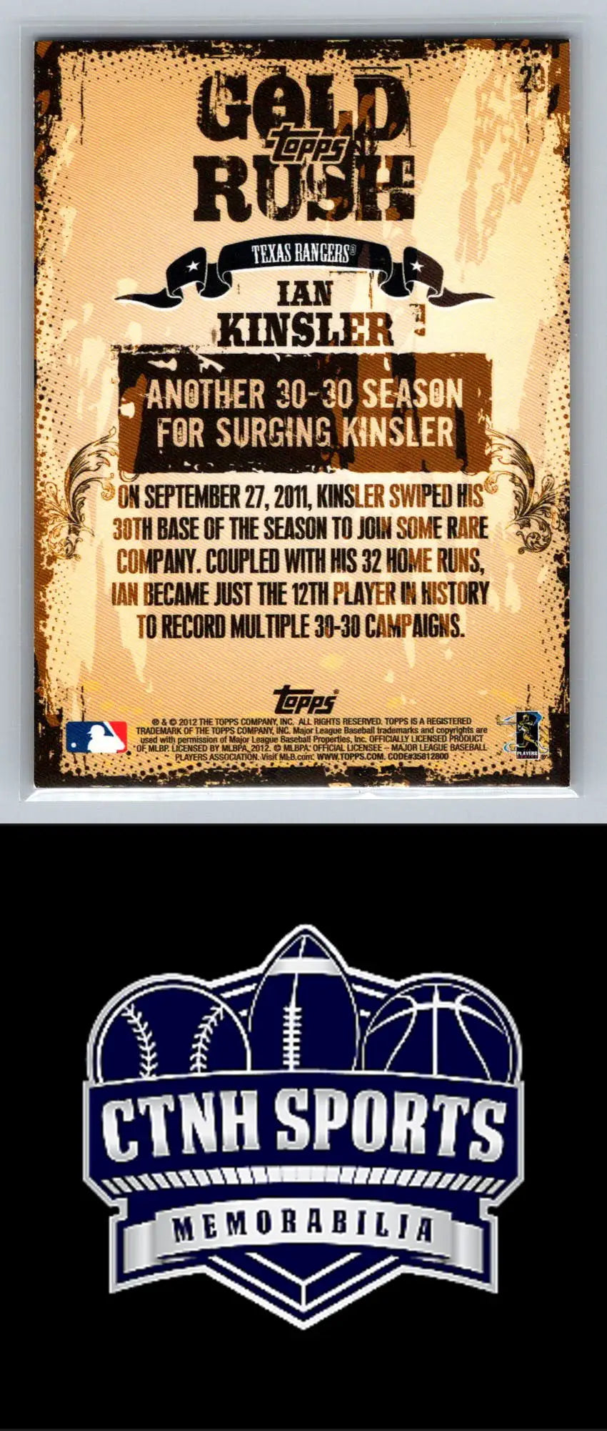Baseball memorabilia poster of 2012 Topps Ian Kinsler Gold Rush Wrapper Redemption