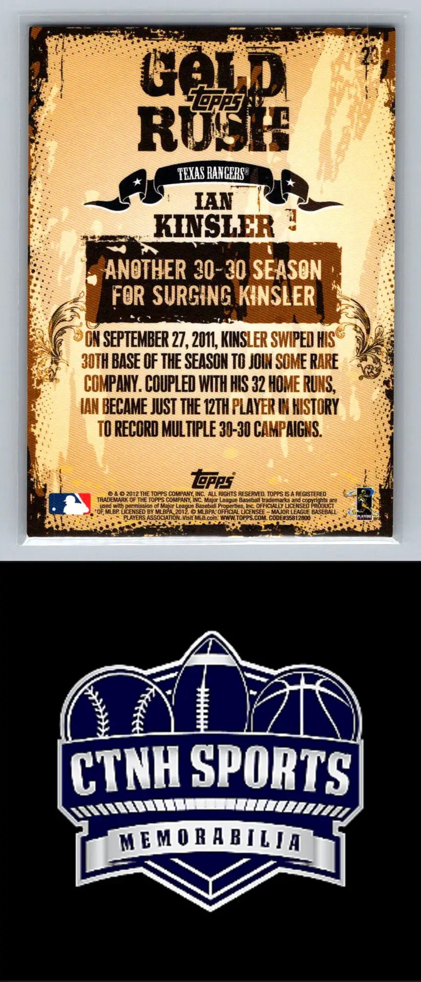Sports memorabilia advertisement for 2012 Topps Ian Kinsler Gold Rush Wrapper Redemption