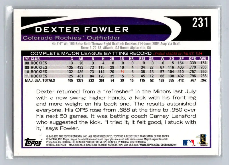 2012 Topps #231b Dexter Fowler Colorado Rockies baseball card showcasing Dexter Fowler