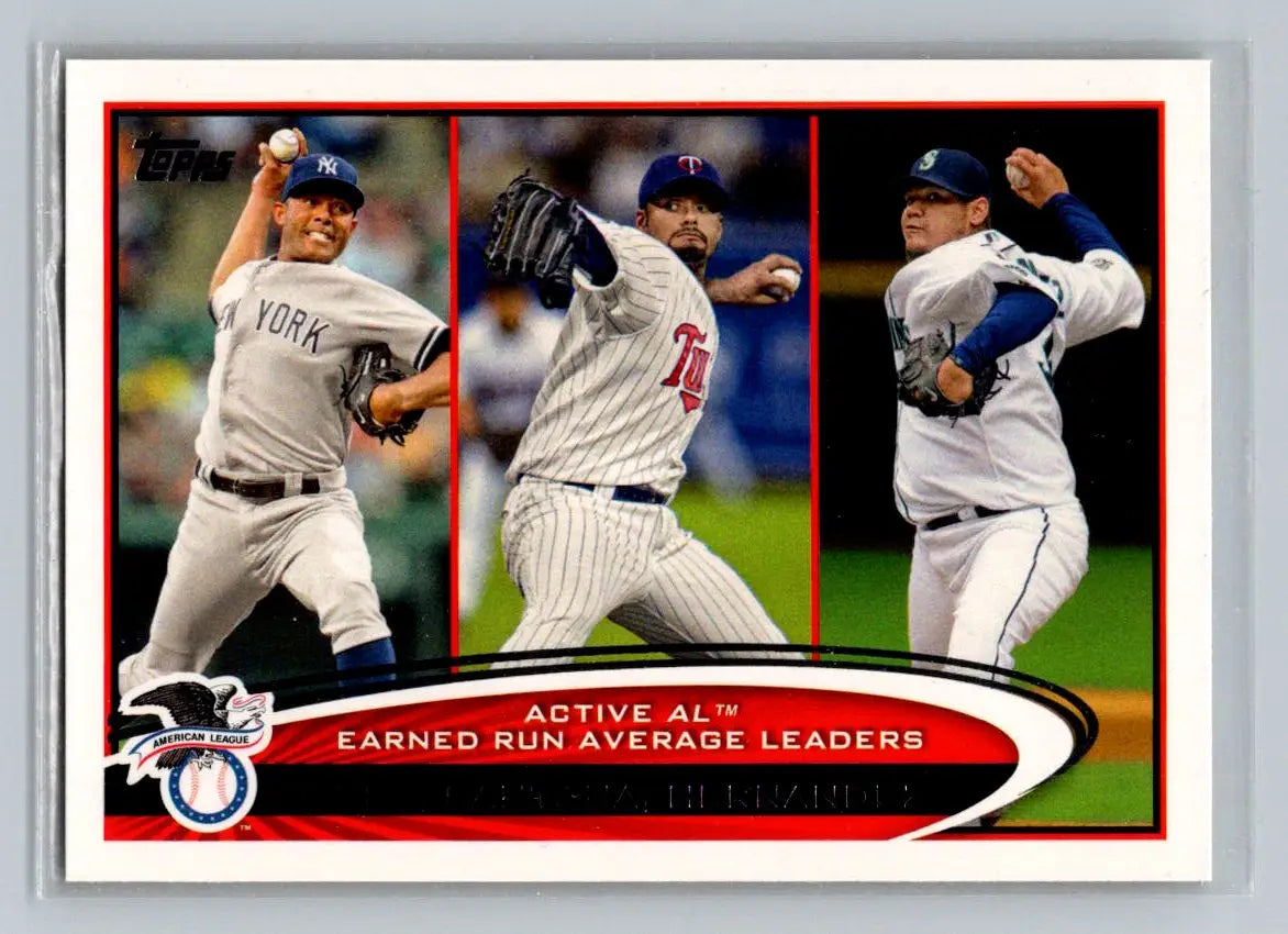 Baseball card featuring Mariano Rivera, Johan Santana, and Felix Hernandez pitchers