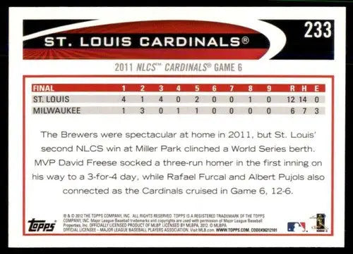Baseball card back showing original gloss of 2012 Topps #233 Louis Cardinals Simply Sandoval