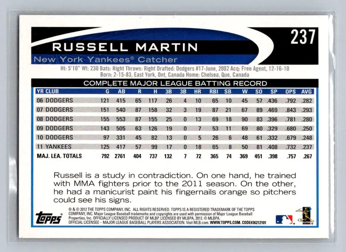 Russell Martin baseball card 237a Russell Martin New York Yankees 2012 Topps