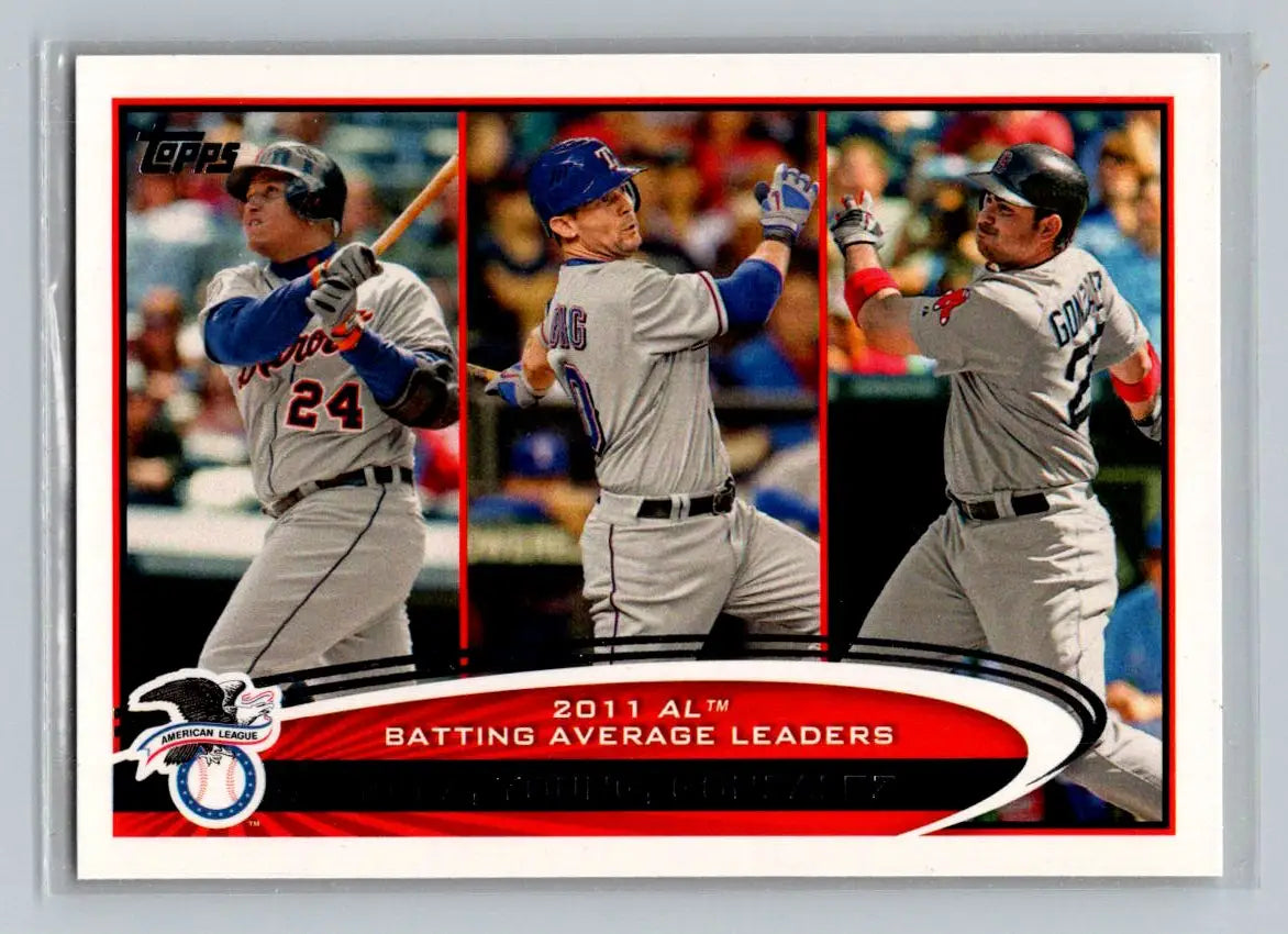 Baseball card featuring Miguel Cabrera, Michael Young, and Adrian Gonzalez from 2012 Topps