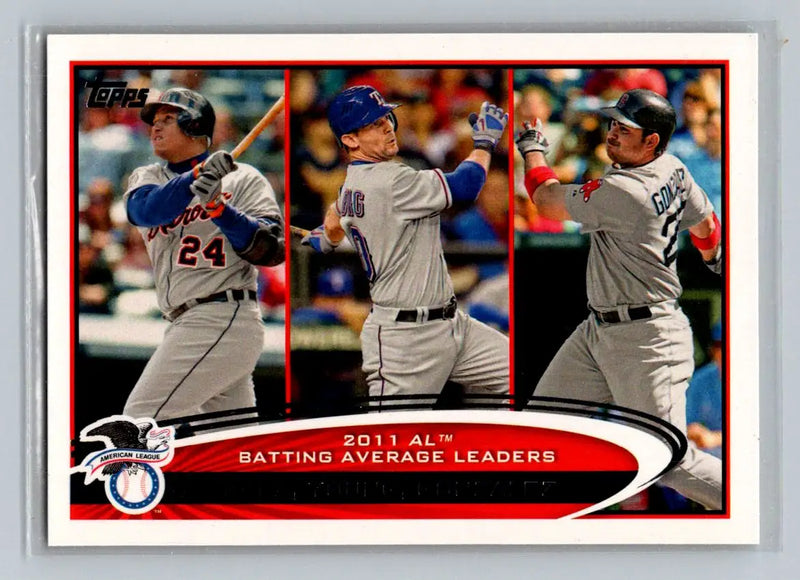 Baseball card featuring Miguel Cabrera, Michael Young, and Adrian Gonzalez from 2012 Topps