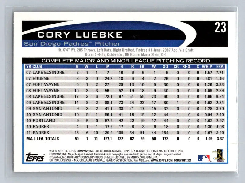 Cory Luebke baseball card from 2012 Topps #23b San Diego Padres collectible item