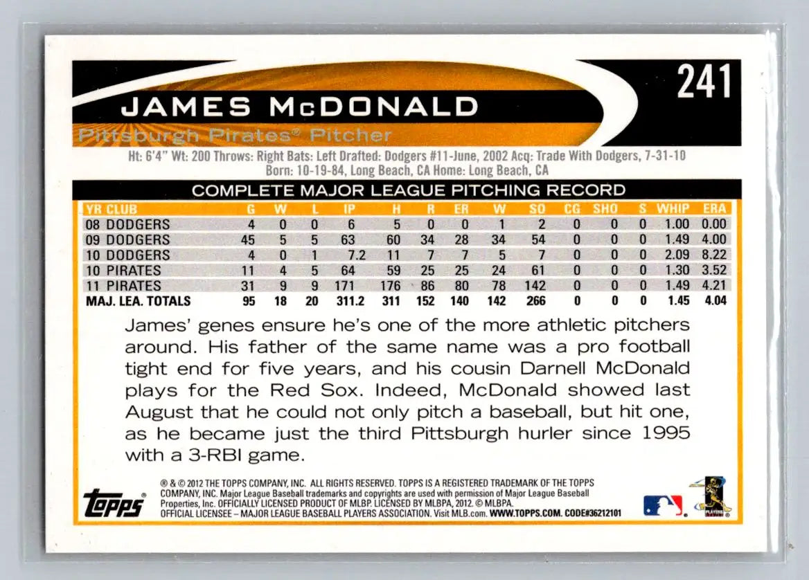 Baseball card back featuring James McDonald 241b James McDonald Pittsburgh Pirates