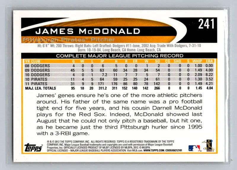 Baseball card back featuring James McDonald 241b James McDonald Pittsburgh Pirates