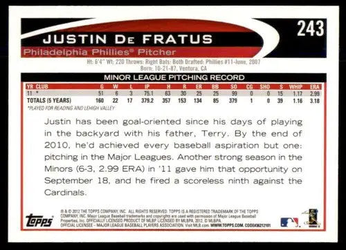 Baseball card back with original gloss from 2012 Topps #243 Justin De Fratus rookie Phillies NM-MT RC