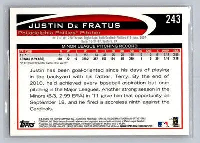 2012 Topps #243a Justin De Fratus Philadelphia Phillies Rookie - Baseball Card Single