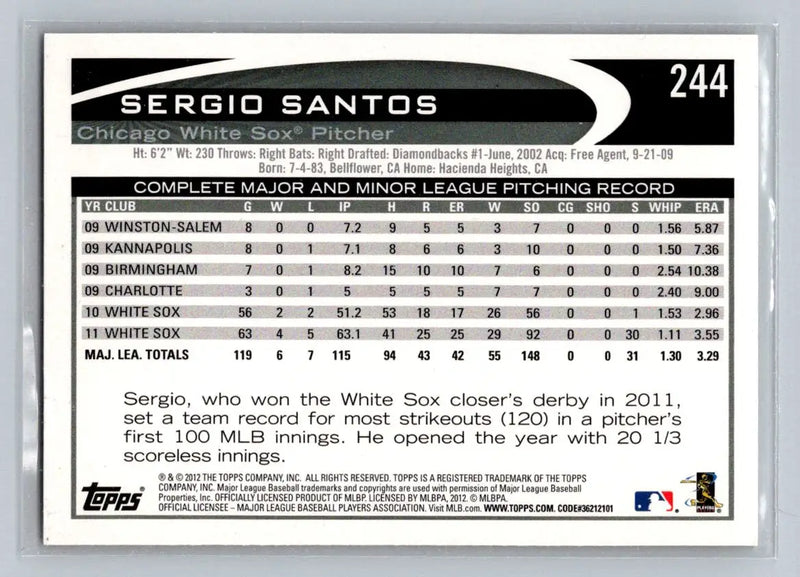 2012 Topps Sergio Santos baseball card 244a Chicago White Sox collectible image