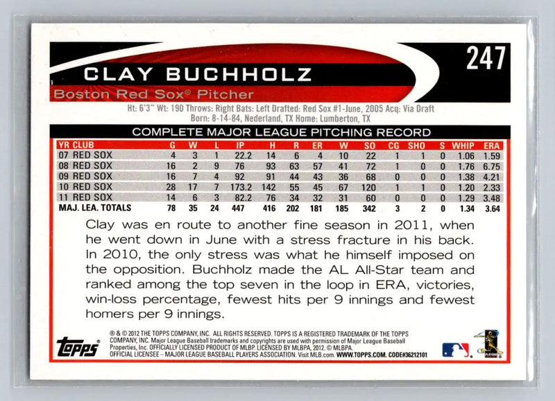 Clay Buchholz 247a baseball card featuring Boston Red Sox player in 2012 Topps set