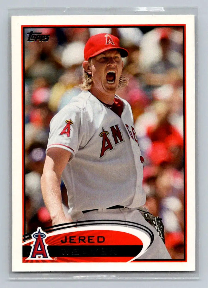 Baseball card of Jered Weaver in action from 2012 Topps #250a Los Angeles Angels