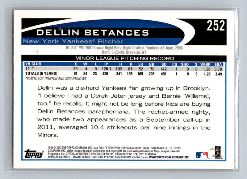 Dellin Betances baseball card 2012 Topps #252a Dellin Betances New York Yankees Rookie