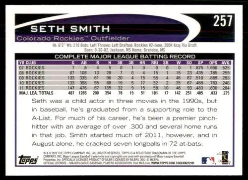 Original gloss Seth Smith baseball card from 2012 Topps set featuring Rockies player
