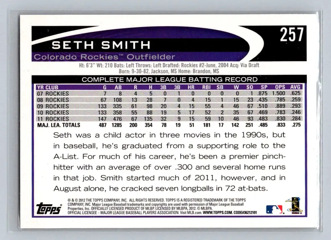2012 Topps 257a Seth Smith Colorado Rockies baseball card for collectors