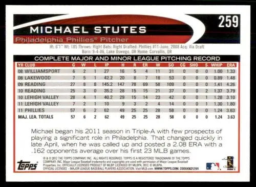 2012 Topps Michael Stutes baseball card with original gloss NM-MT Phillies ID 72998