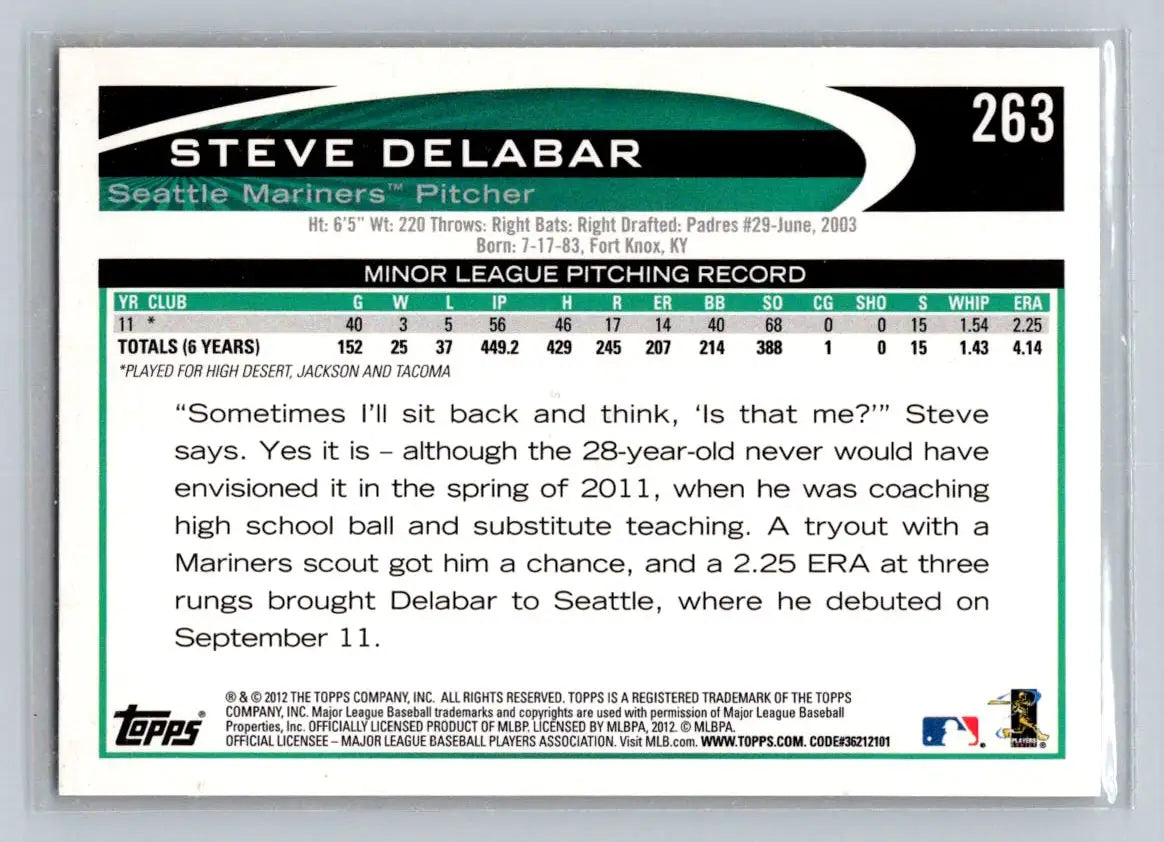 Baseball card back of 2012 Topps #263b Steve Delabar Seattle Mariners Rookie