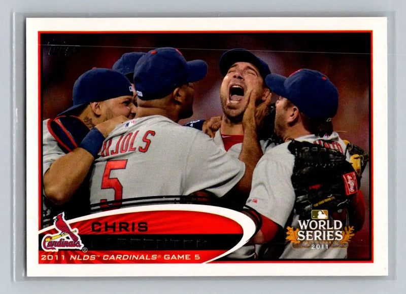 Baseball card of Chris Carpenter celebrating for the St. Louis Cardinals in 2012 Topps #264