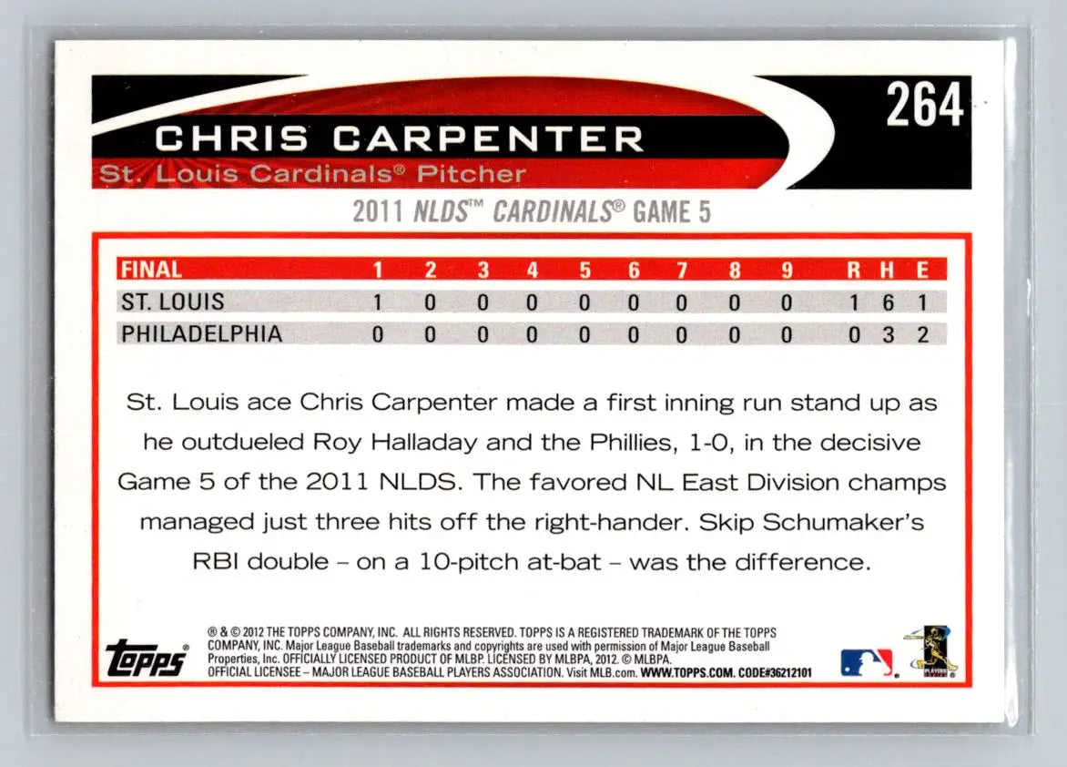 Baseball card back featuring Chris Carpenter of the St. Louis Cardinals 2012 Topps #264