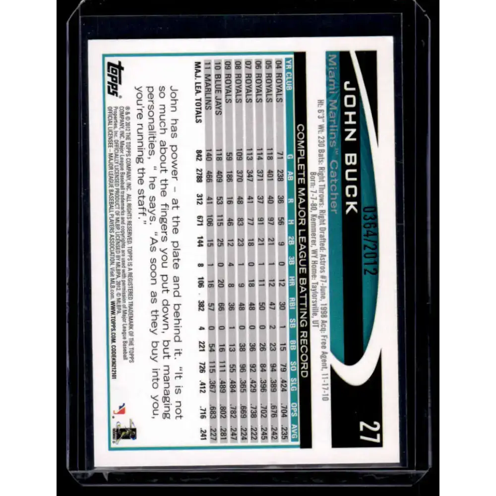 2012 Topps #27 John Buck NM-MT Miami Marlins Baseball Card - Baseball Card Single