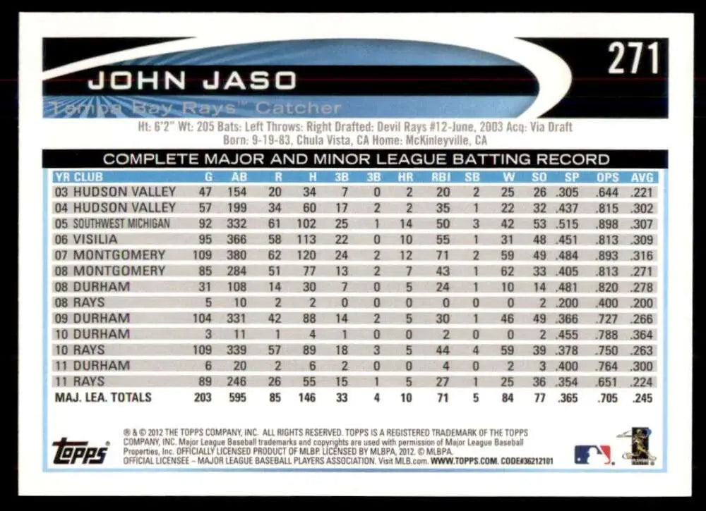 2012 Topps #271 John Jaso NM-MT Rays ID:72212 - Baseball Card Single