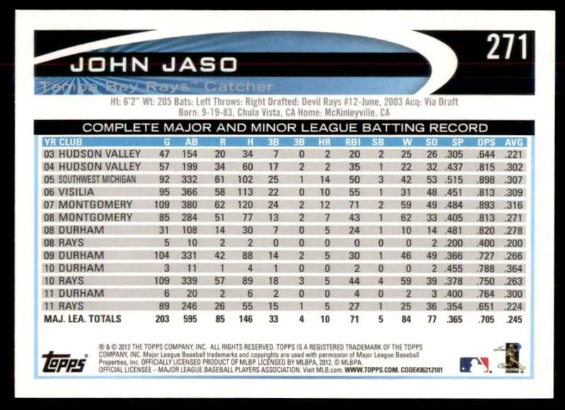 2012 Topps #271 John Jaso NM-MT Rays ID:72212 - Baseball Card Single