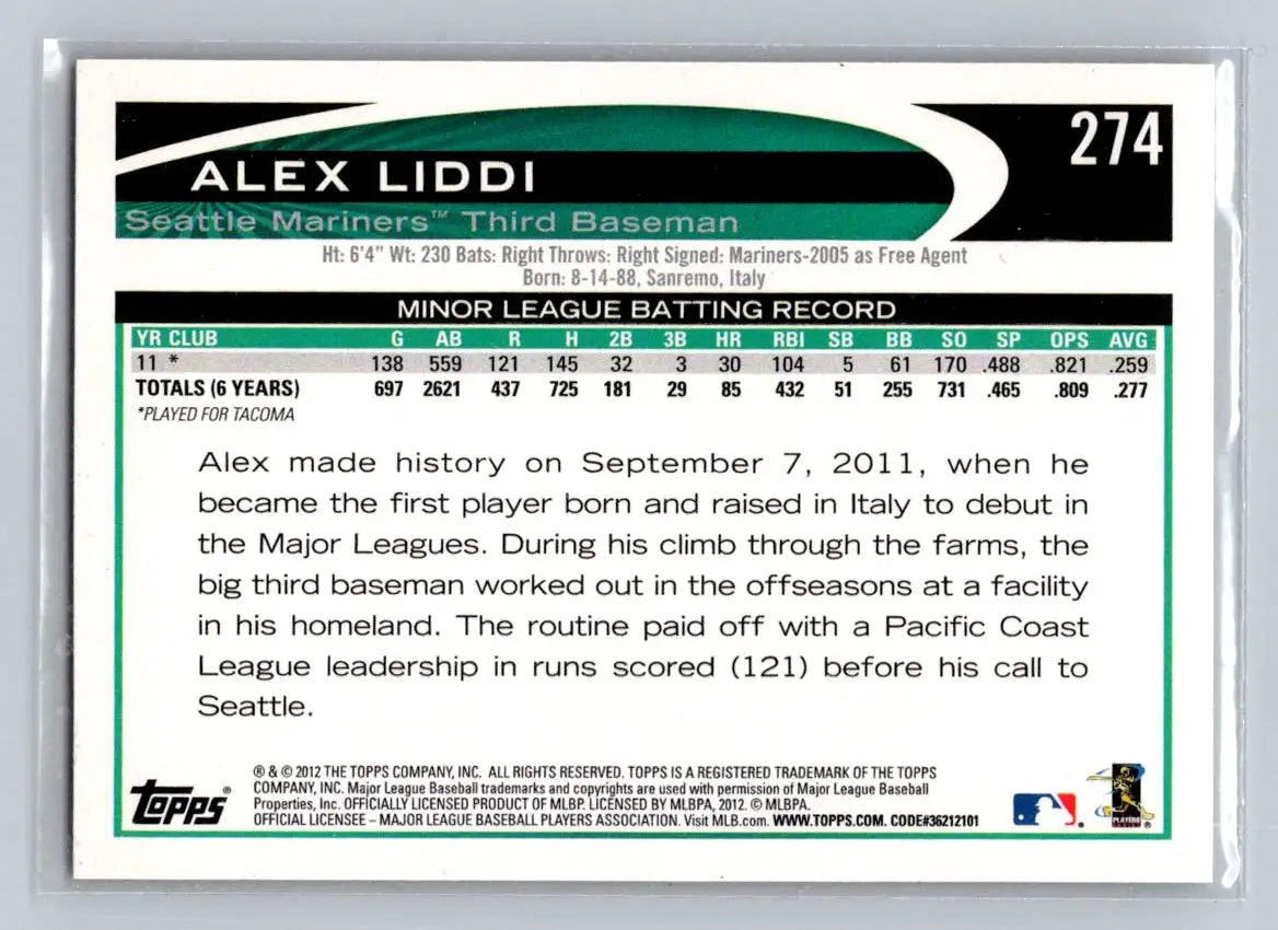 2012 Topps Alex Liddi baseball card 274a Alex Liddi Seattle Mariners Rookie