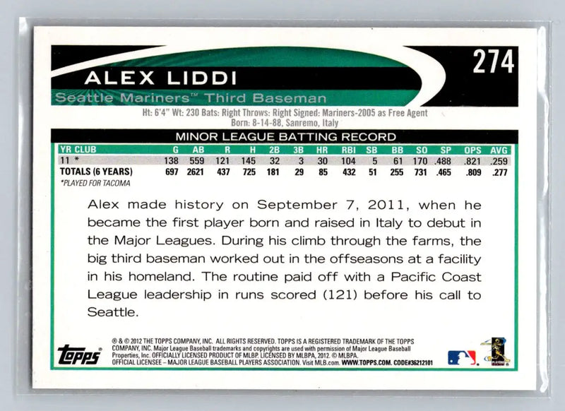 2012 Topps Alex Liddi baseball card 274a Alex Liddi Seattle Mariners Rookie