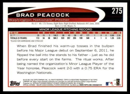 2012 Topps #275 Brad Peacock NM-MT RC Rookie Nationals ID:72791 - Baseball Card Single