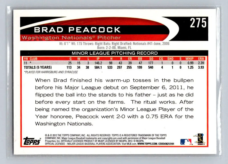 Brad Peacock baseball card 275a Brad Peacock Washington Nationals Rookie collectible