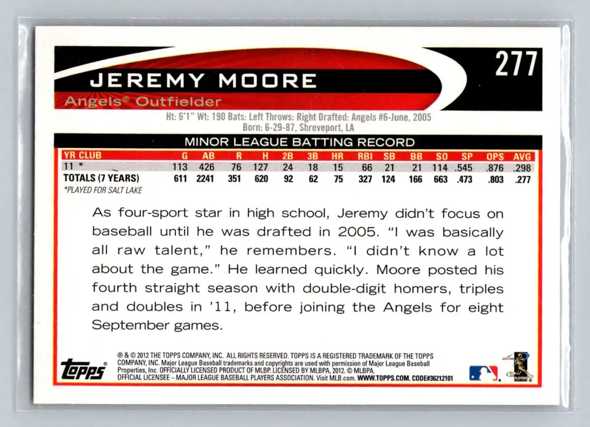 2012 Topps Jeremy Moore Los Angeles Angels Rookie Baseball Card 277b Jeremy Moore