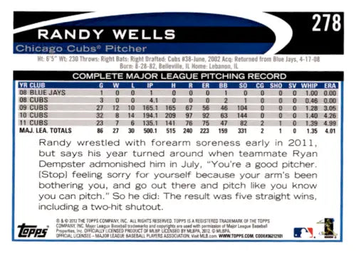 Original gloss Randy Wells baseball card from 2012 Topps #278 featuring Cubs player
