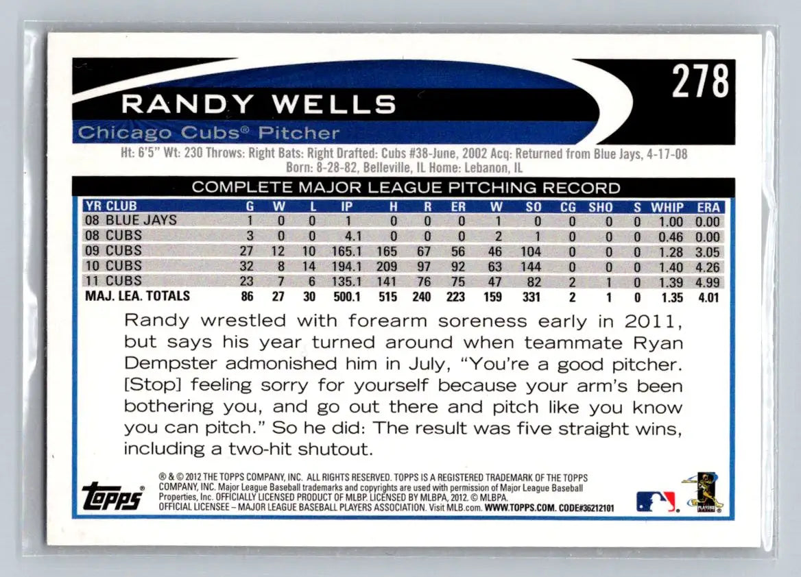 2012 Topps 278a Randy Wells Chicago Cubs baseball card for collection and trading