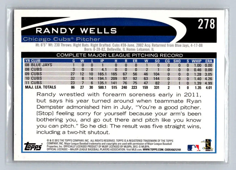 2012 Topps 278a Randy Wells Chicago Cubs baseball card for collection and trading