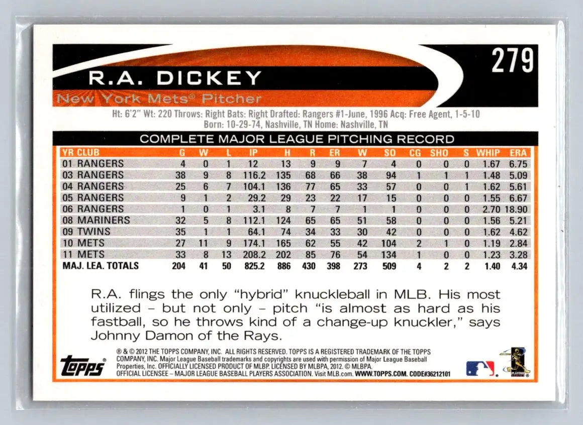 R.A. Dickey baseball card from 2012 Topps #279a featuring York Mets player
