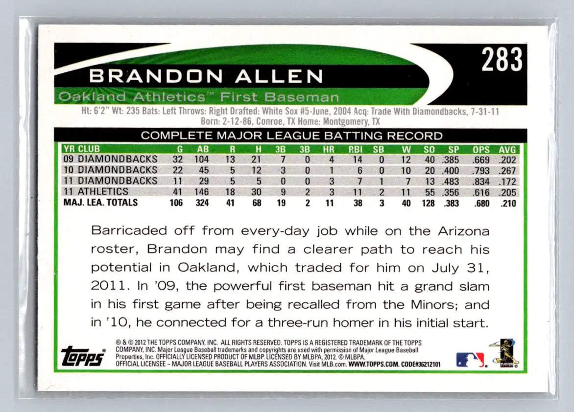 Brandon Allen baseball card 2012 Topps #283a Brandon Allen Oakland Athletics