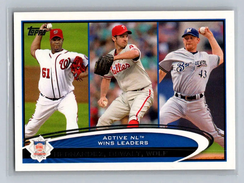 Baseball card of Livan Hernandez, Roy Oswalt, and Randy Wolf from 2012 Topps set