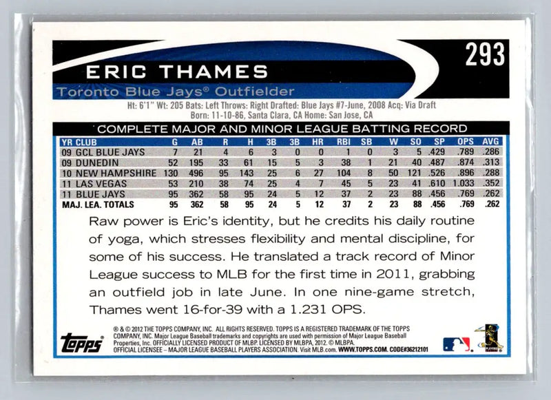 Eric Thames baseball card 2012 Topps #293b featuring Toronto Blue Jays player