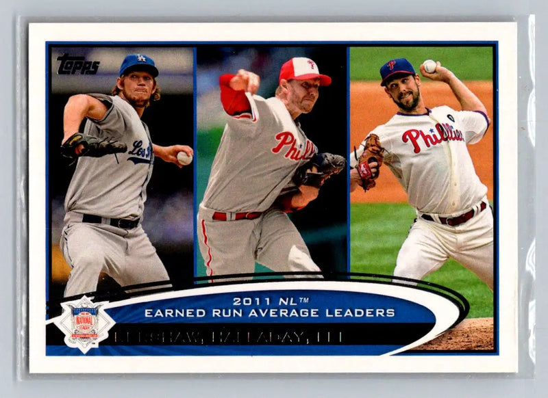 Baseball card featuring Clayton Kershaw Roy Halladay and Cliff Lee from 2012 Topps