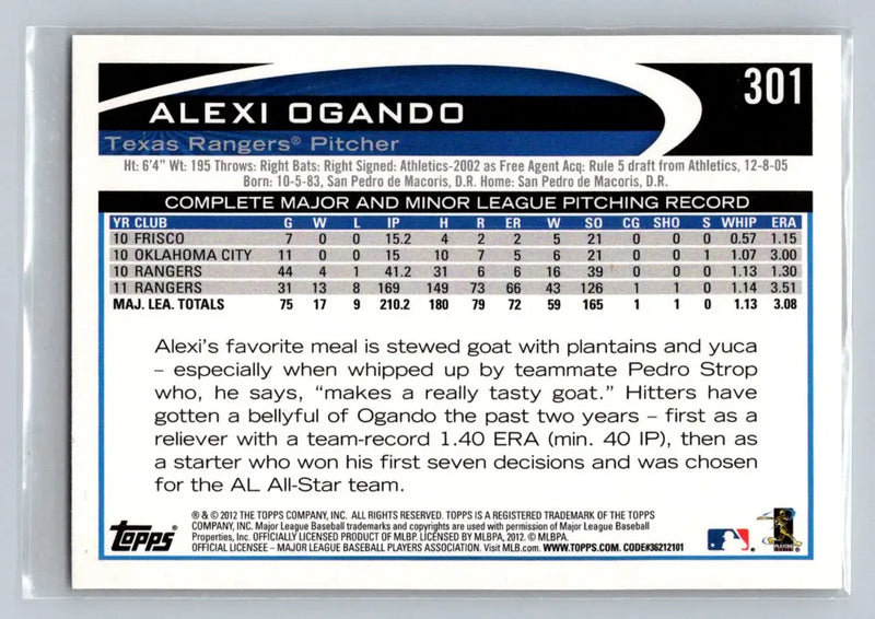 Baseball card back showing 2012 Topps #301a Alexi Ogando Texas Rangers player info